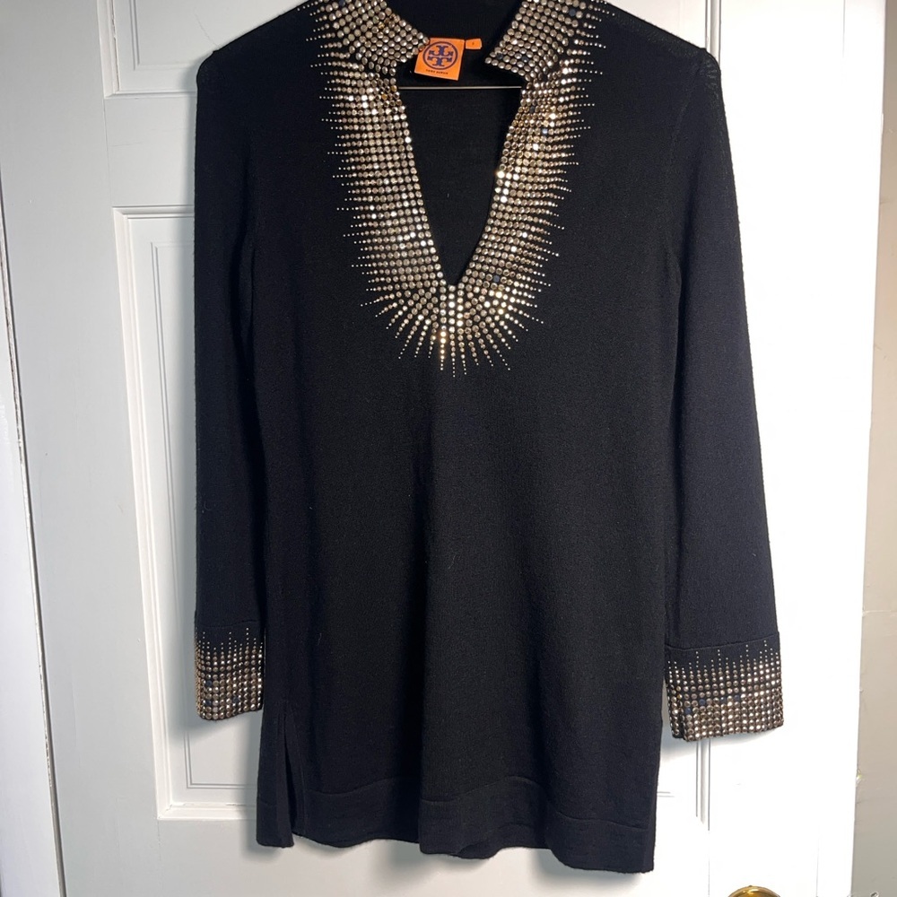 Tory Burch Black Knit Top Size S Gold Stud Embellished Neckline